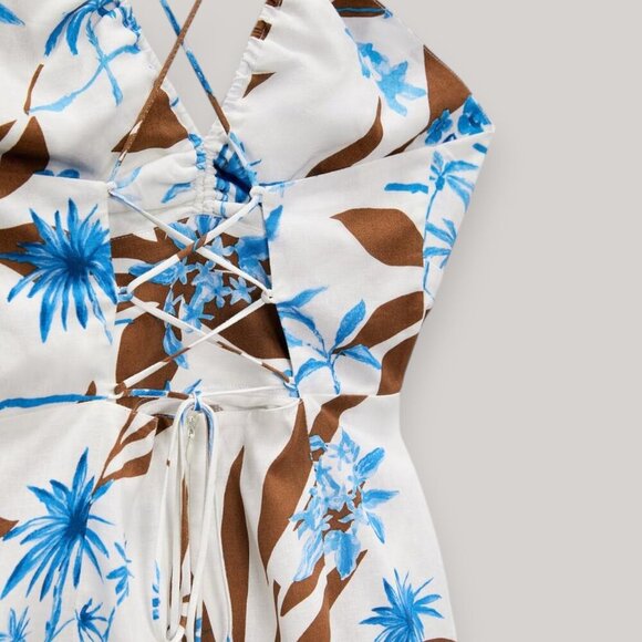 ZARA 100% Linen Tropical Floral Summer Mini Dress XS NWOT | Adjustable Lace-Up - Picture 9 of 12